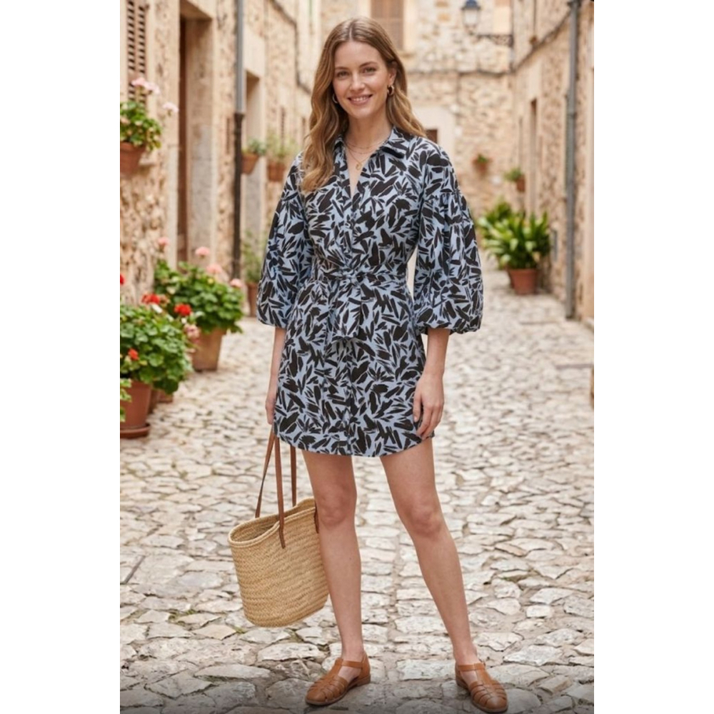 Women's Veronica Beard Mini Shirt Dress Size 8 Blue Black Leaf Print